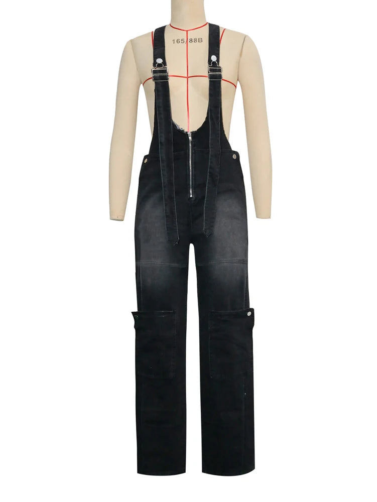 Summer Fashion Loose High Waisted Zip Denim Overalls Women Clothes Multi Pockets Cargo Jeans Trousers Casual Wide Leg Jumpsuits