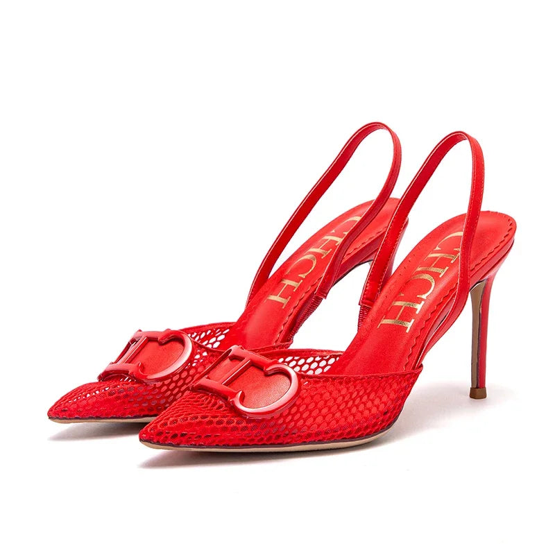 Women's Shoes 2025 Summer Sandals Breathable Mesh Heels Red Luxury Brand Girls Shoes Woman