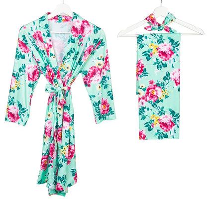 Maternity Robe,Matching Swaddle Set ,Mommy and Me Set, Floral Hospital Robe Bag,Baby Shower Gift,Mama Robe,Baby Girl Blanket