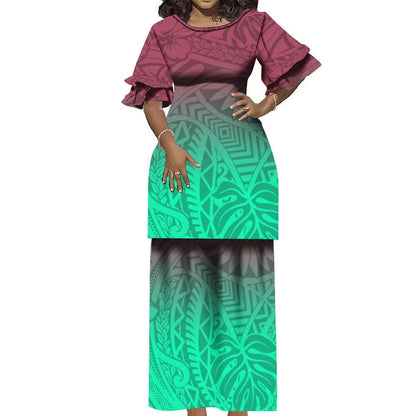 Plus Size Women 2 Piece Outfits Sets Dress New Wholesale Custom Polynesian Tribal Design Petal Sleeve Samoan Puletasi Set