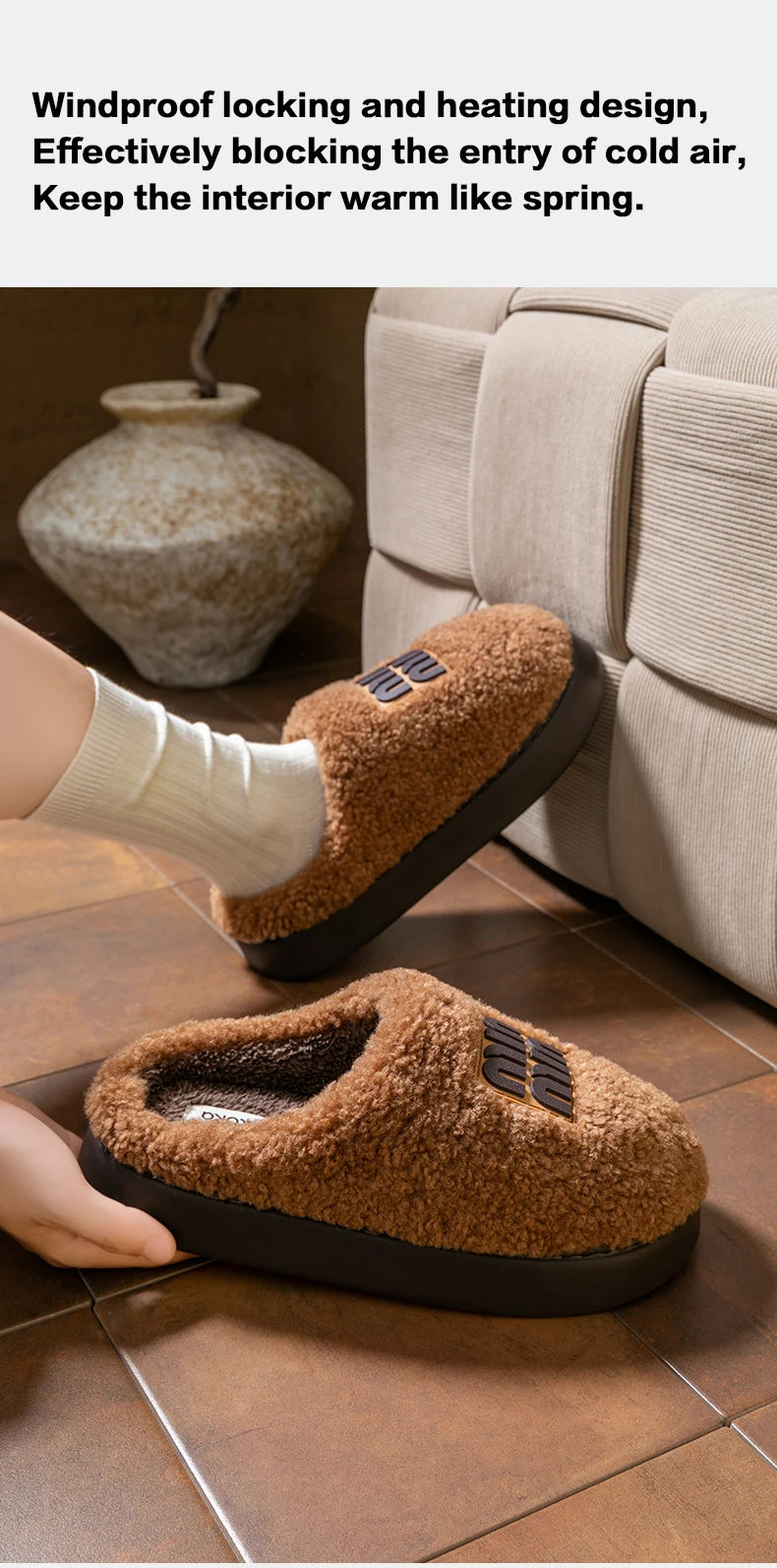 New plush cotton slippers for women, autumn and winter indoor thick sole with plush anti slip slippers, thickened cotton slipper