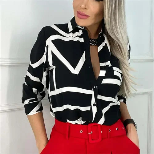 Women Geometric Print Shirt, Spring and Autumn Fashion Long-sleeved Shirts, Camisa Girls Chemise Size S M L XL XXL