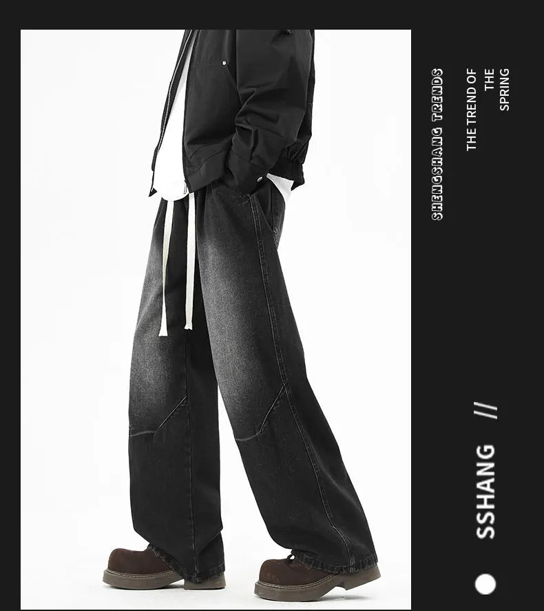 2025 Hip-hop Baggy Denim season elastic waist New Korean Men's Jeans American Loose Fit Wide-leg Straight Casual Trousers Street