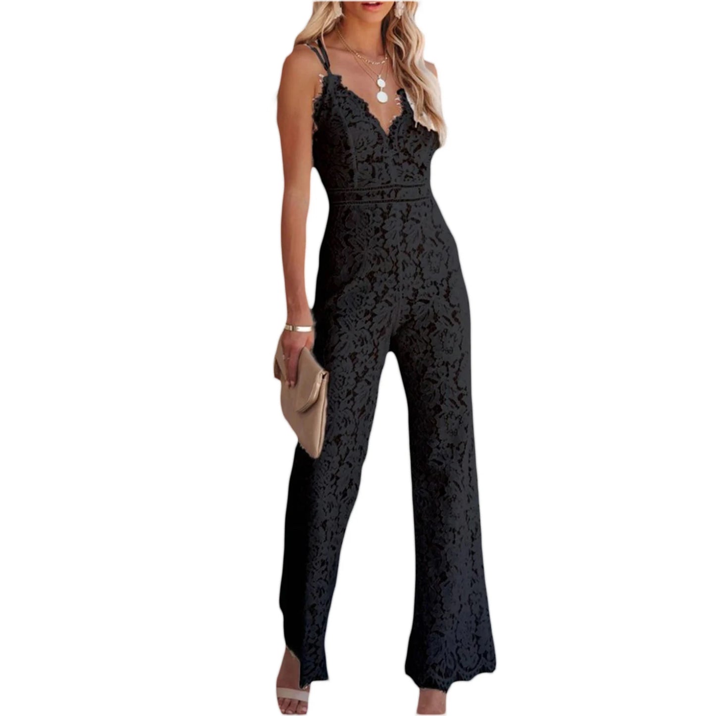 Women's Clothing Elegant Jumpsuit, Spaghetti Straps V Neck Solid Color Lace Open Back Wide-leg Jumpsuits Long Playsuit