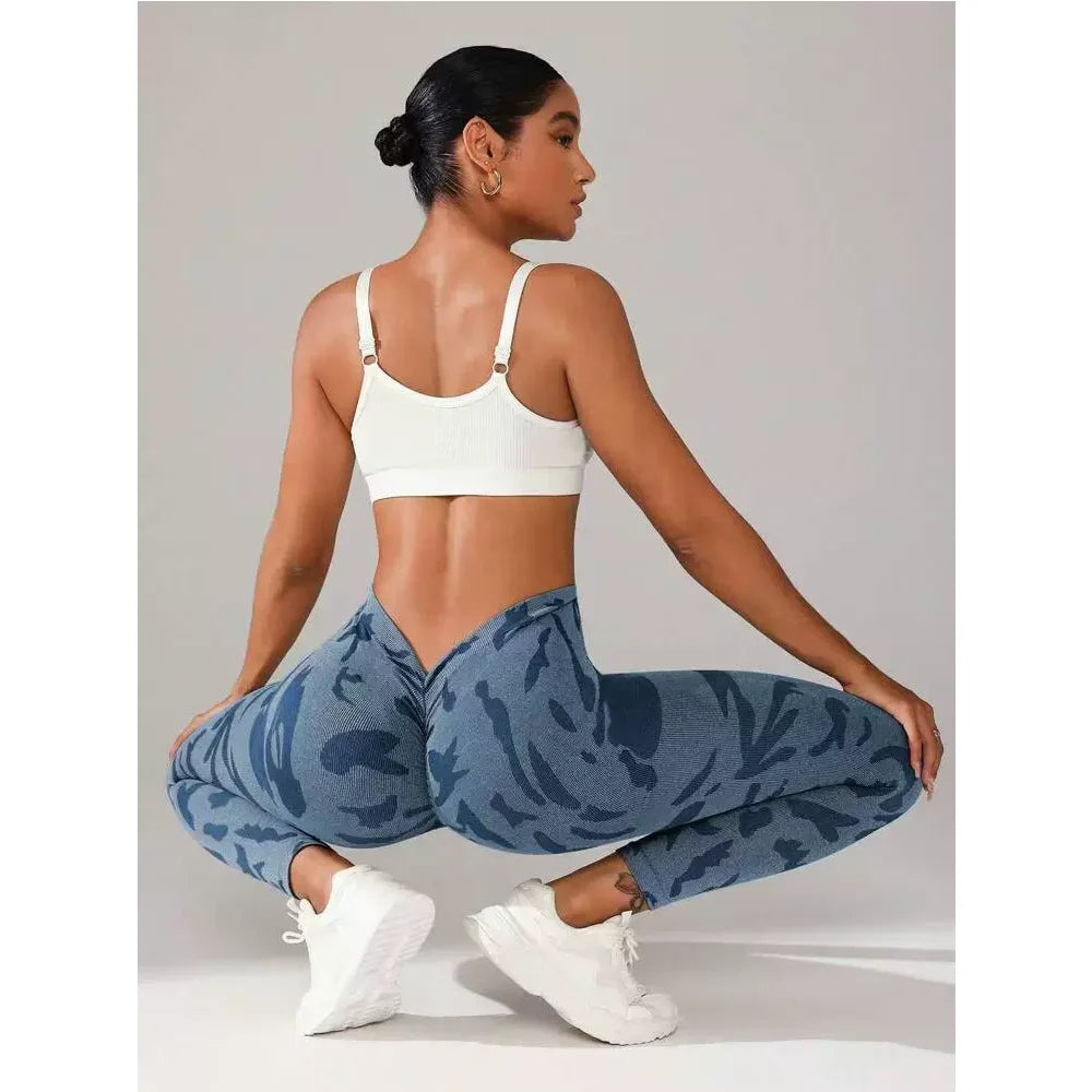 Women Camouflage V Back Gym Leggings Butt Lifting Fitness Athletic Workout Scrunch Leggins Exercise Yoga Pants Sports Clothing