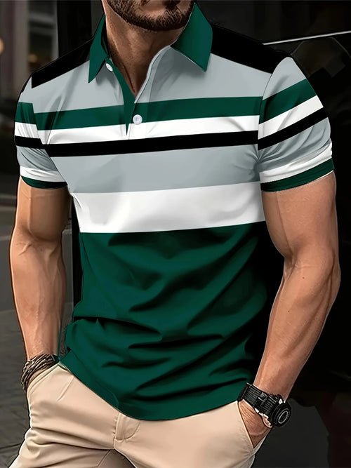 Men's Casual Stripesd Plaid 3D Printed Golf Shirt, Short-Sleeved Spring, Summer and Autumn Button Polo Shirt Polo Shirt