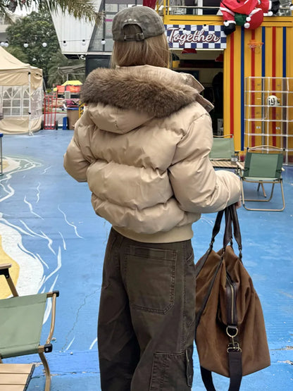 Autumn Winter Fur Hooded Jacket Women Outerwear Thick Dowon Cotton Padded Slim Short Parkas Female Cropped Puffer Bubble Coat