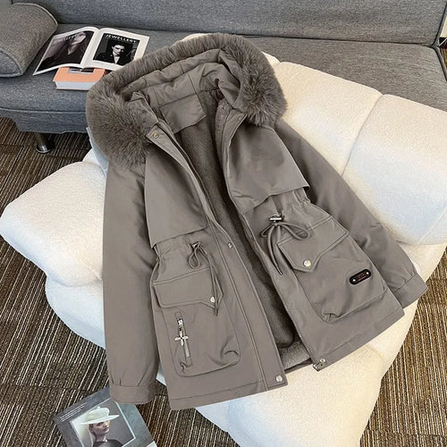 Women Big Fur collar Loose Parka Jacket Lady Medium Long Styles Down Cotton Outwear Winter Female Hooded Cotton Padded Coat