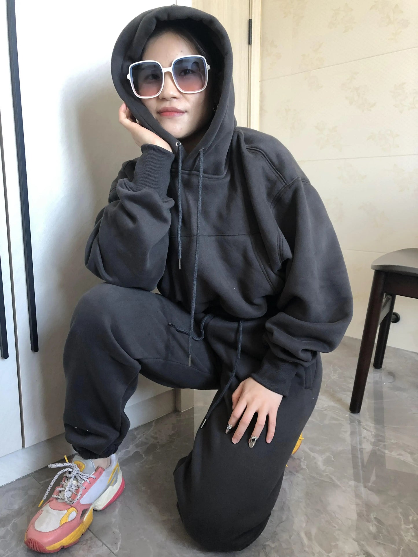 Wholesale Fleece Hoodie with Jogger Pant Sweat Suit Fall Winter 2 Piece Set Tracksuit Women Sports Outfit Two Piece Solid Casual