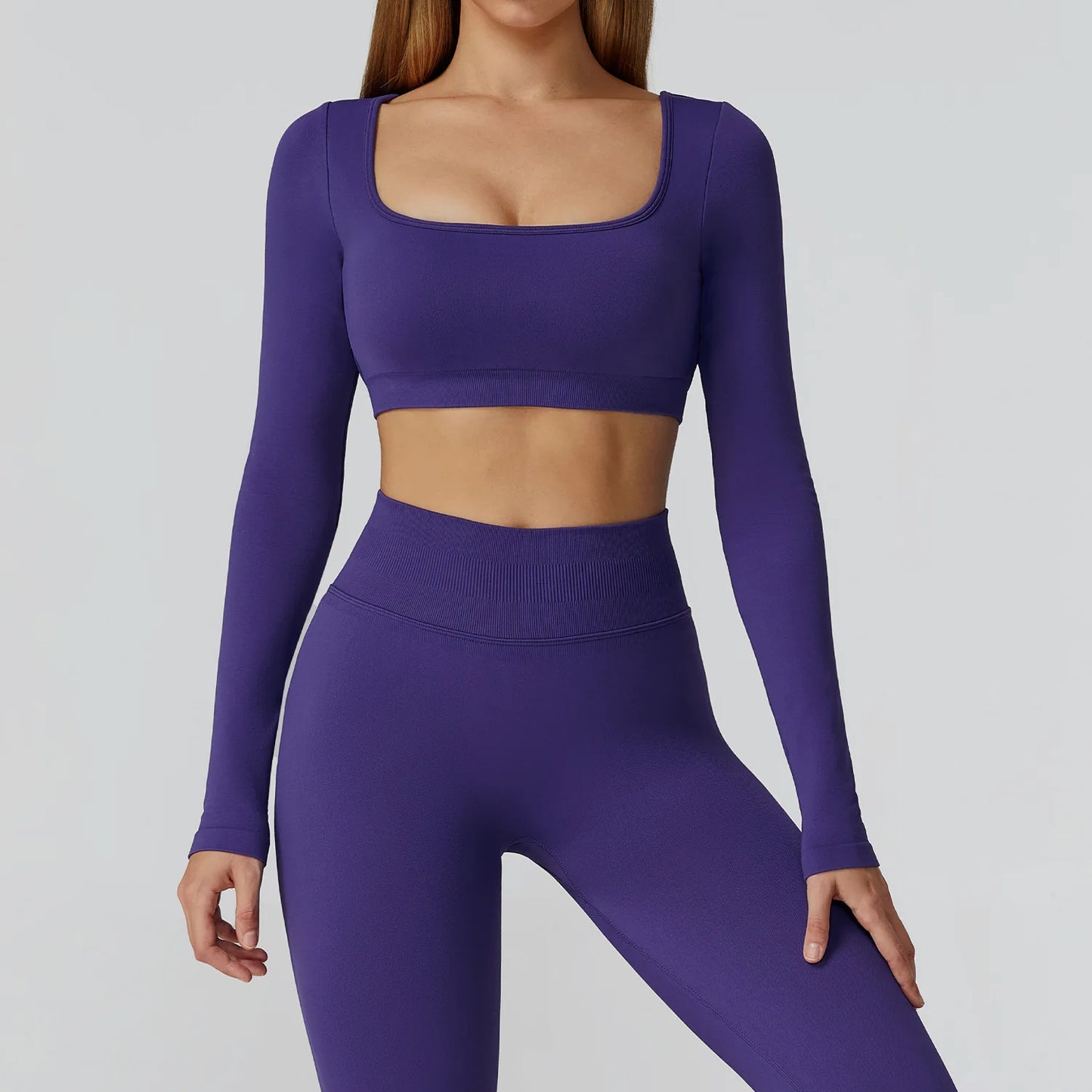 Seamless Casual Quick Dry Sportswear Women Square Neck Gym Top Women Fitness Sports Crop Top Female Long Sleeve Yoga Clothing