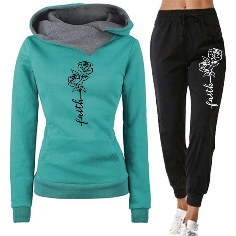 Womens Tracksuit Casual Hooded Sweatshirts Suits Flower Printing Jogging Sweatpants 2 Pcs Set Woman Clothing Sports Outfits 2026