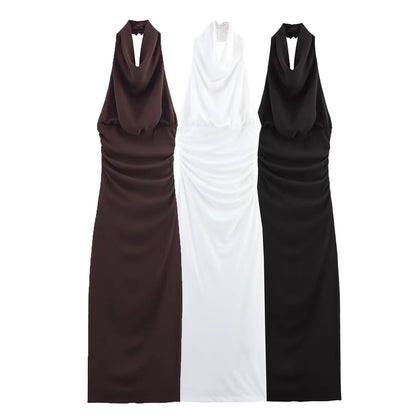 2025 summer new women's clothing casual fashion temperament simple slim design backless halter neck long dress