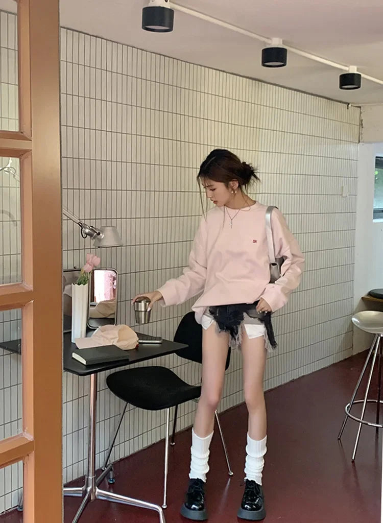 Light Pink Lettered Oversized Shoulder Sweatshirt Women's Full Sleeve round Neck Spring Autumn New Style Comfortable Casual Top