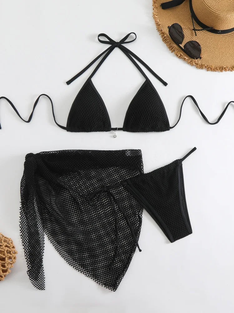 Bikini Women Swimsuit 2026 New Black Halter Lace Up Mesh Bikinis Set Sexy Swimwear Summer Three Piece Beach Bathing Suit Female