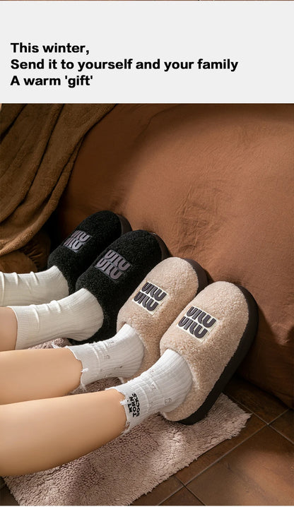 New plush cotton slippers for women, autumn and winter indoor thick sole with plush anti slip slippers, thickened cotton slipper