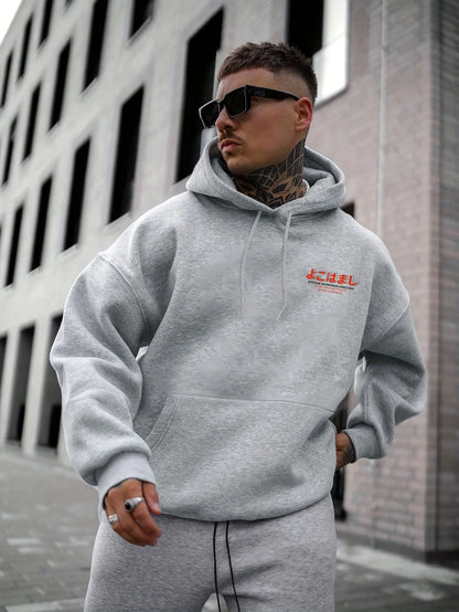 Men's autumn and winter casual fashion loose Tokyo pattern printed long sleeved hooded sweatshirt warm pullover