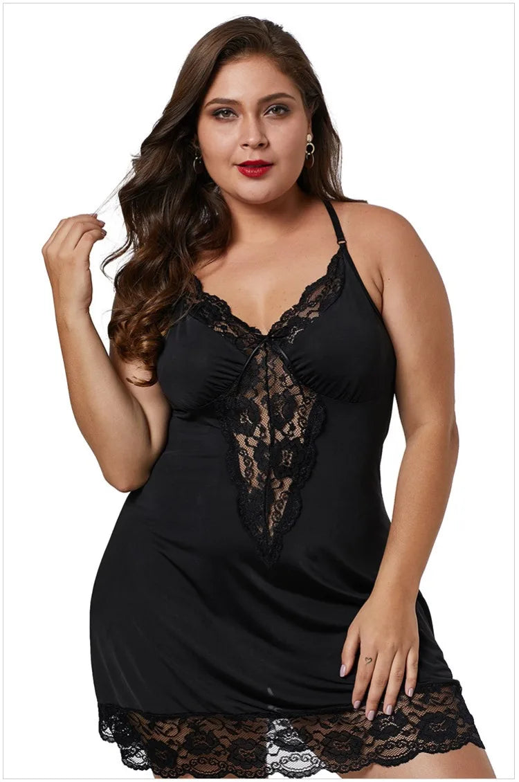 8XL Plus Size Sexy Lace Nightgown for Women Summer Pajamas Dress V Neck Bodydoll Sleeveless Nightdress Plumpy Female Homewear