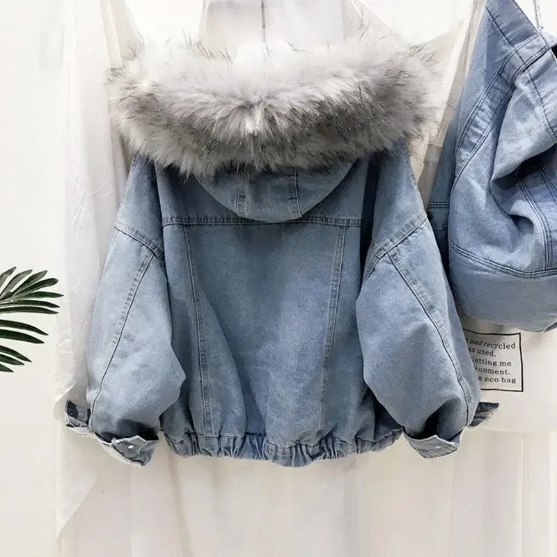 Korean Style Fleece Lined Thickened Hooded Lamb Fur Denim Jacket Women's Large Collar Versatile Cotton Coat Autumn Winter New Ar