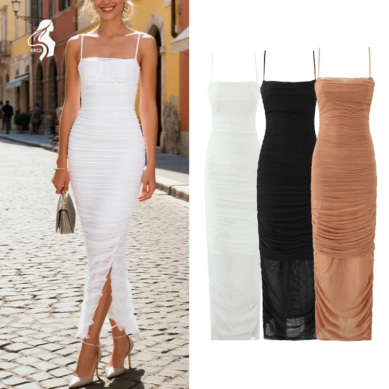 Womens Dress Mesh Ruched Slim Fit Long Spaghetti Strap Elegant Dress Must Have For Elegant Parties And Evening Banquets