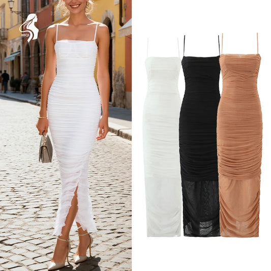 Womens Dress Mesh Ruched Slim Fit Long Spaghetti Strap Elegant Dress Must Have For Elegant Parties And Evening Banquets