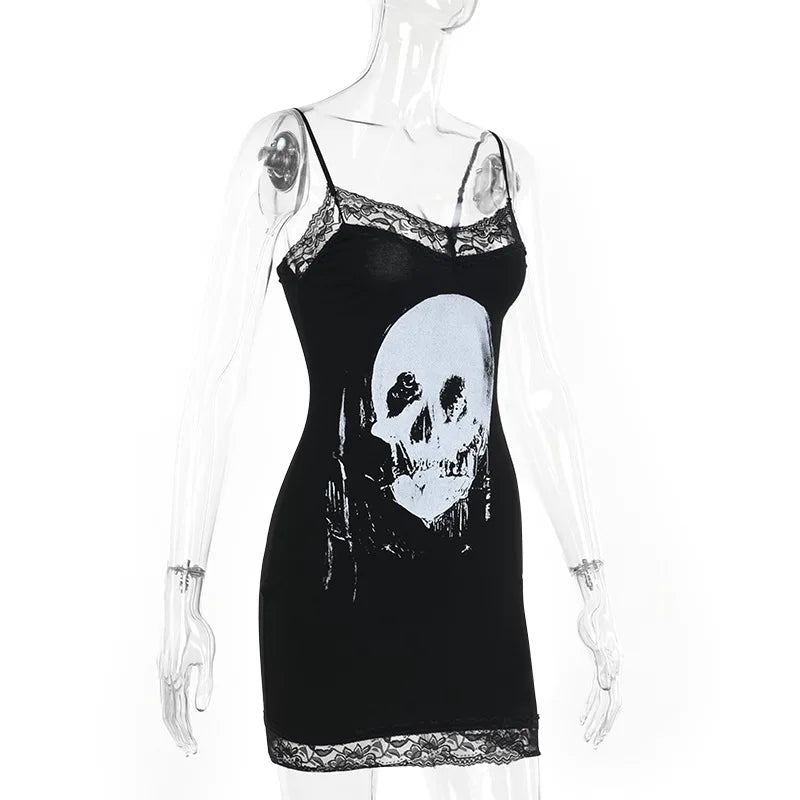 Goth Dark Streetwear Anime Skull Print Straps Mini Dress Fairy Lace Stitch Club Outfits Slim Sexy Bodycon Dresses Mall Gothic