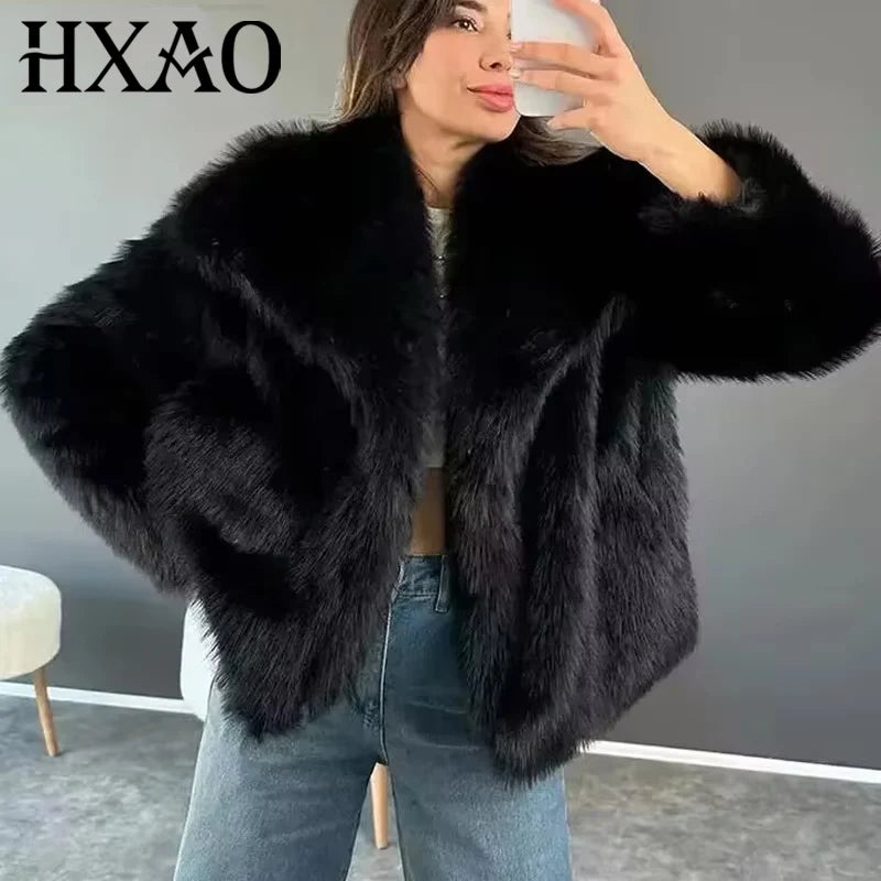 HXAO Winter Faux Fur Coat 2024 Woman New in coats Autumn Fur Plush Fluffy Jacket Warm Red Gray Black White Fur Coat Outerwears
