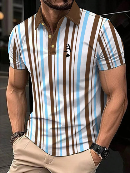 Men's Polo Shirt Summer Outdoor Casual Round Neck Short Sleeve Top Striped Printed Style OverSize T-shirt Loose Men's Clothing