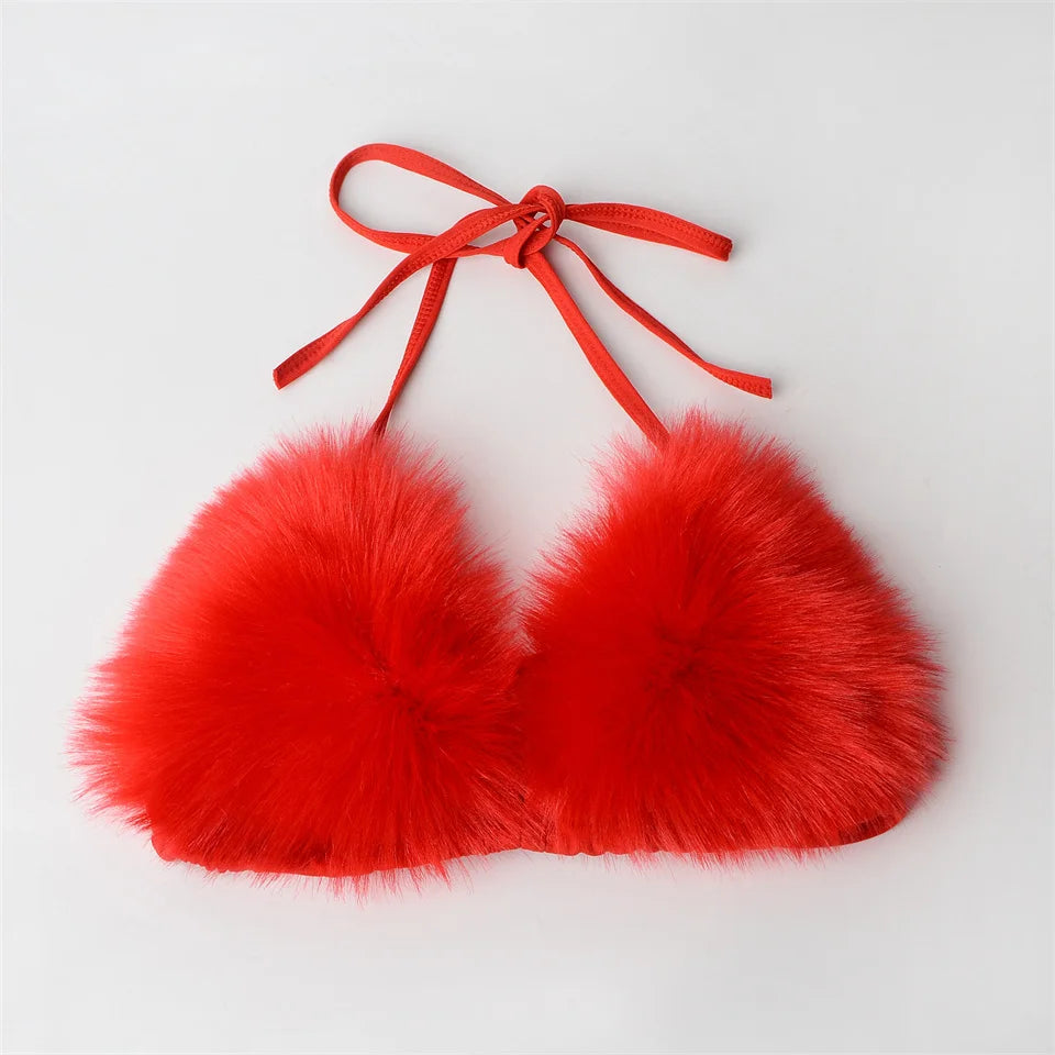 Summer Women Fake Fox Fur Sexy Halter Solid Color Bikini Set Swimsuits Triangle Sexy Bikini Set Faux Fur Swimsuit Plush Swimwear