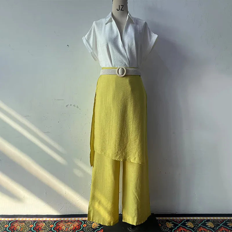 Womens Summer 2 Piece Outfits 2026 Elegant V-neck Short Sleeved Top & Skirt Wide Leg Pants Fashion Casual Female Two Piece Sets