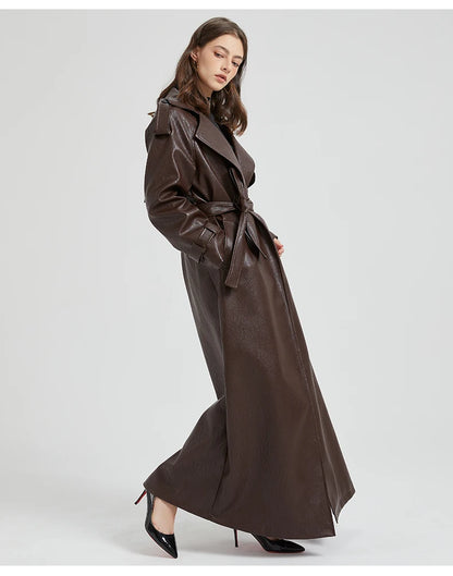 Lautaro Spring Autumn Extra Long Brown Pu Leather Trench Coat for Women Sashes Luxury Chic Overcoat Runway European Fashion 2024