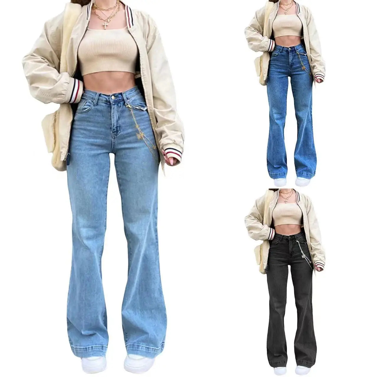 Women Denim Flared Pants Casual Solid Color Stretchy High Waist Bell Bottom Jeans Streetwear Baggy Jeans For Women Trousers