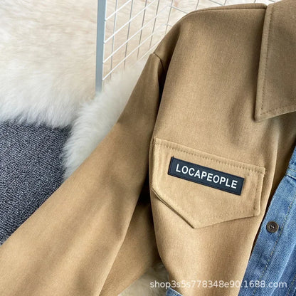 Slimming Denim Patchwork Lapel Dress Autumn Waist-fitted Medium-length Shirt