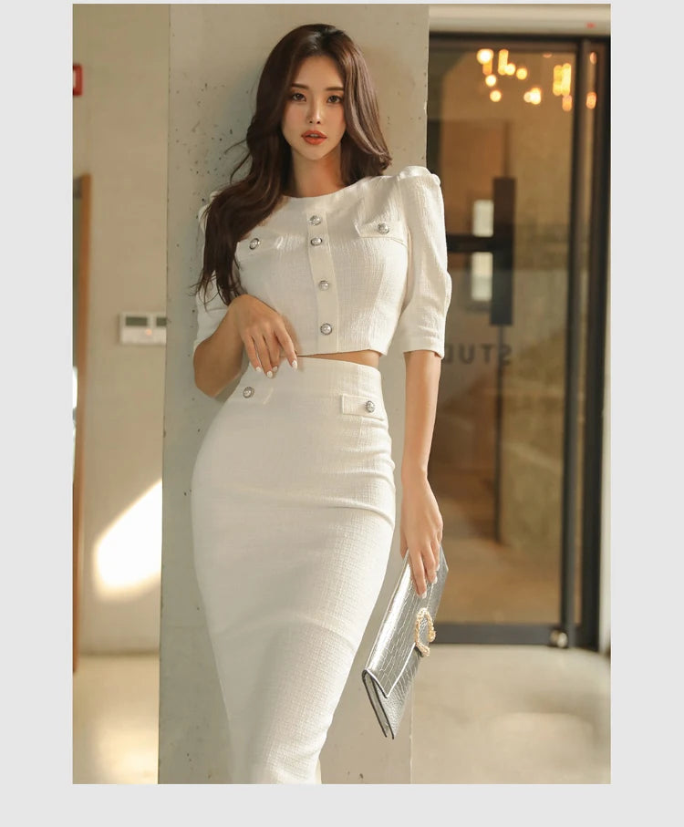 H Han Queen Hot Sale Spring White 2 Pieces Set Women Short Tops + High Waist Pencil Skirts Casual Simple Office Lady Skirt Suit
