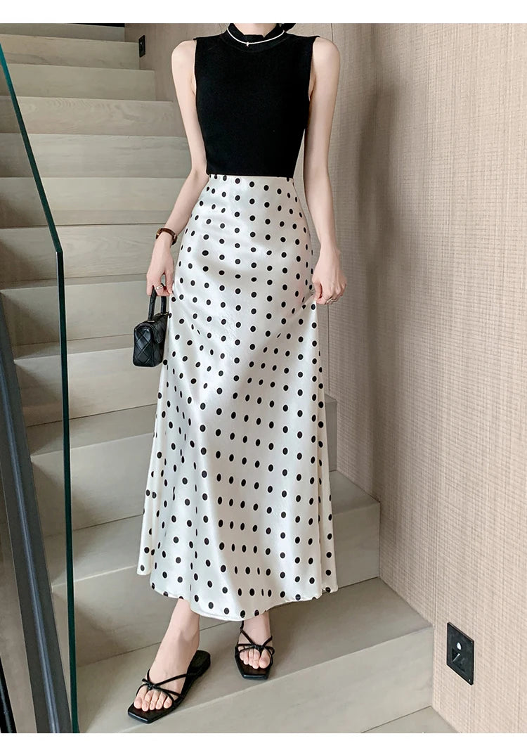 Seoulish High Waist Elegant Dots Printed Satin Women's Long Fishtail Skirts New Loose Office Mermaid A-line Skirts Female