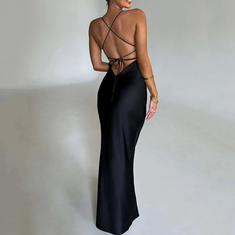 Sexy Spaghetti Strap Satin Dresses Women Elegant Backless Lace Up Mermaid Dress Woman Sleeveless Slim Bodycon Party Long Dress