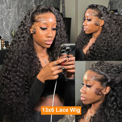 100% Human Hair 13x6 HD Transparent Deep Wave Lace Frontal Wigs 13x4 Water Curly Lace Front Wig 30 40 Inch Kinky Brazilian Black