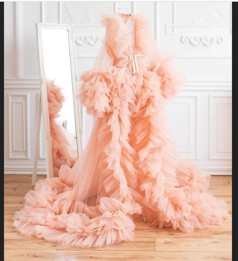 Tulle Ruffle Boudoir Pregnancy Photoshoot Robe Ruffle Maternity cloak For Baby Shower Gender Reveal bridal Dress wedding