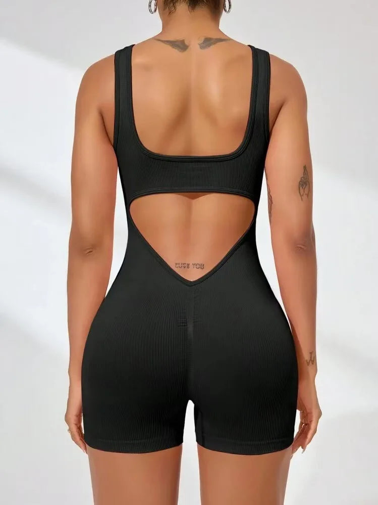 Sexy Backless Women Yoga Rompers U Neck Sleeveless Threaded Jumpsuit Solid Color Elastic Bodysuit Without Bust Pads Streetwear