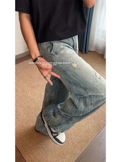 American Lightning Texture Ripped Denim Jeans Straight Leg Wide Leg Loose Fit Casual Summer Jeans for Men And Women