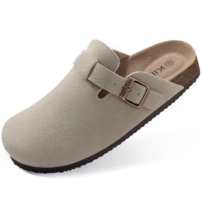 Comwarm Fashion Men's Suede Mules Slippers New Women Clogs Cork Insole Sandals With Arch Support Outdoor Beach Slides Home Shoes