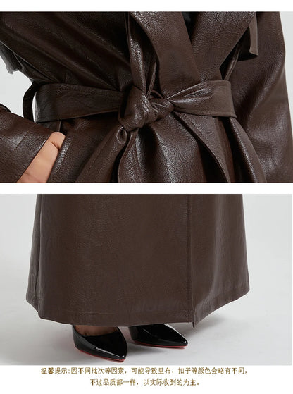 Lautaro Spring Autumn Extra Long Brown Pu Leather Trench Coat for Women Sashes Luxury Chic Overcoat Runway European Fashion 2024