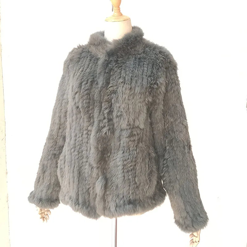Women Winter Real Rabbit Fur Knitted Coat Female Casual Long Sleeve Genuine Fur Jacket Warm Thick Outwear Femme