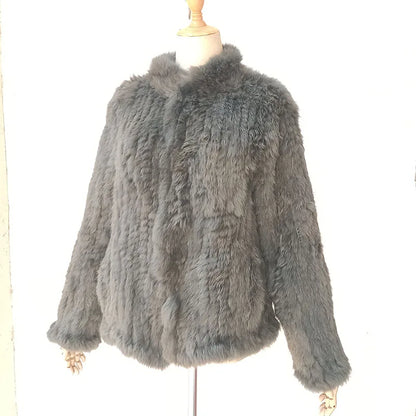 Women Winter Real Rabbit Fur Knitted Coat Female Casual Long Sleeve Genuine Fur Jacket Warm Thick Outwear Femme