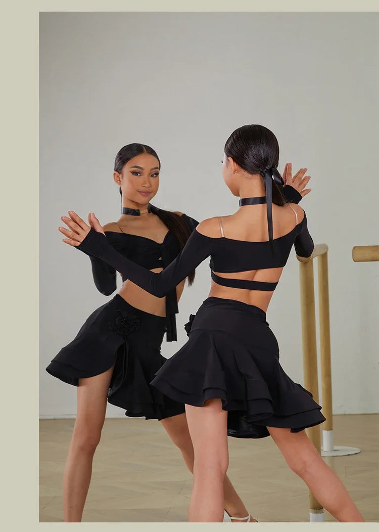 Latin Dance set Clothes Girls Long SLeeves Short Top Skirt Cha cha samba Performance Competition Dress Burgundy Black Dress Kids