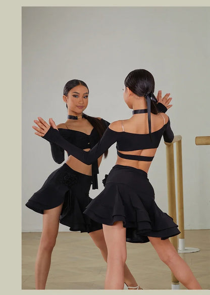 Latin Dance set Clothes Girls Long SLeeves Short Top Skirt Cha cha samba Performance Competition Dress Burgundy Black Dress Kids