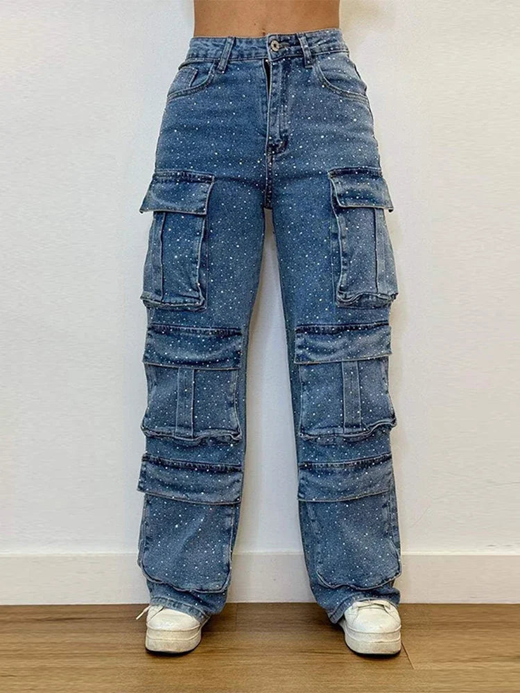 CPSYMYM Bright Drill Women's Work Jeans Chic Multiple Pockets High Waist Button Female Jean  Spring Summer Y2K Lady Streetwear