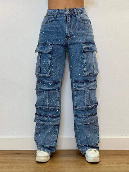 CPSYMYM Bright Drill Women's Work Jeans Chic Multiple Pockets High Waist Button Female Jean  Spring Summer Y2K Lady Streetwear