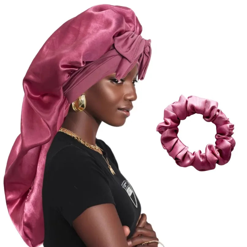 Women Bonnet Satin Sleeping Hat Long Tail Braid Hair Night Sleep Cap Head Cover Bonnets Shower Caps for Sauna Bathing Bonnet
