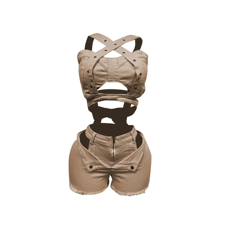 2 Piece Sets Women Denim Shorts Suit Sexy Vest Top Strap Backless Jeans Short Pants Pockets Outfits 2025/2026 Streetwear Ensemble