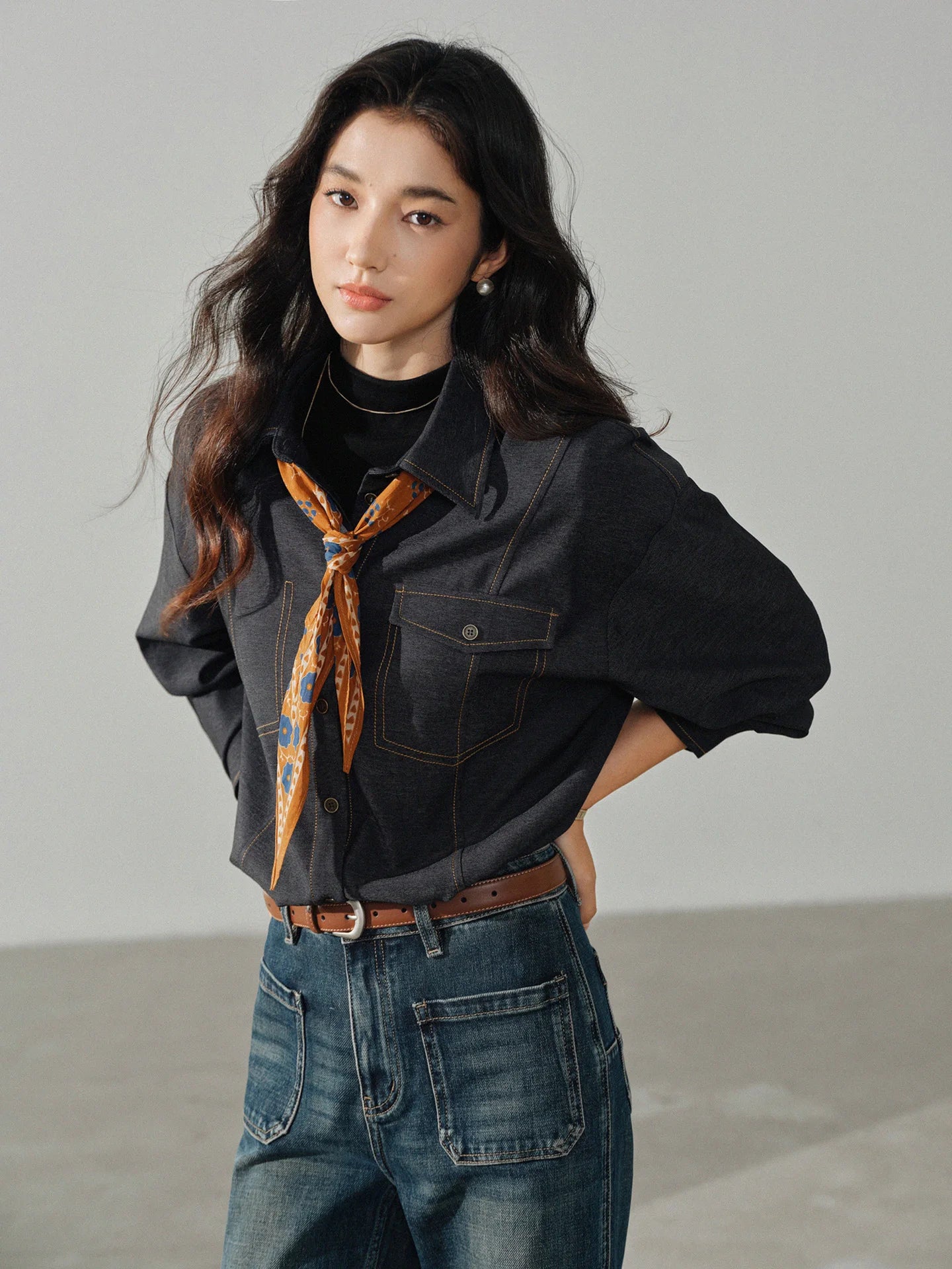 Casual Contrast Stitch Shirt Jacket Loose Long Sleeve Blouse for Women Stylish Collared Overshirt for Autumn Layered Slim Look